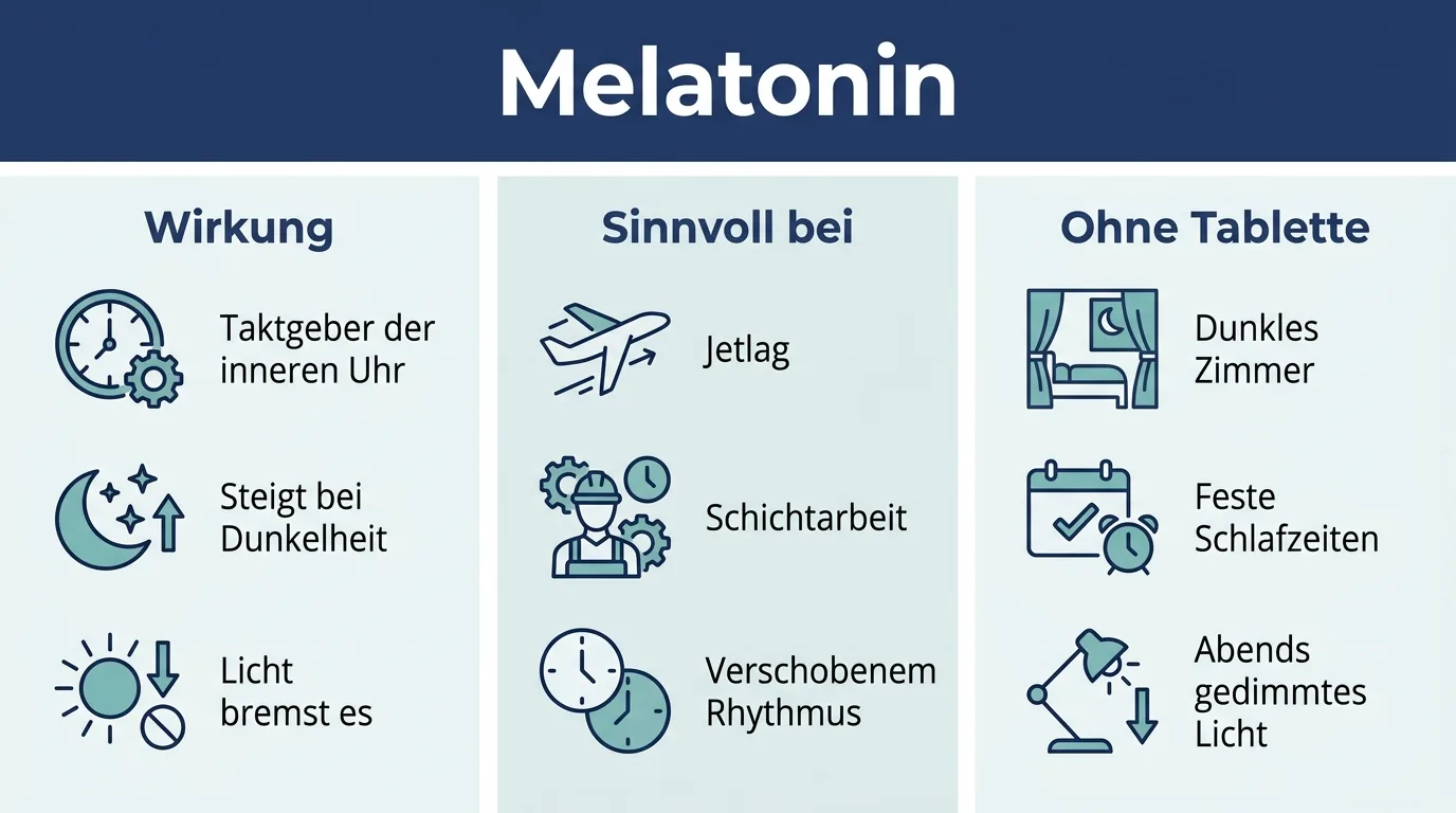 Infografik zu Wirkung, Einsatz und Alternativen bei Melatonin