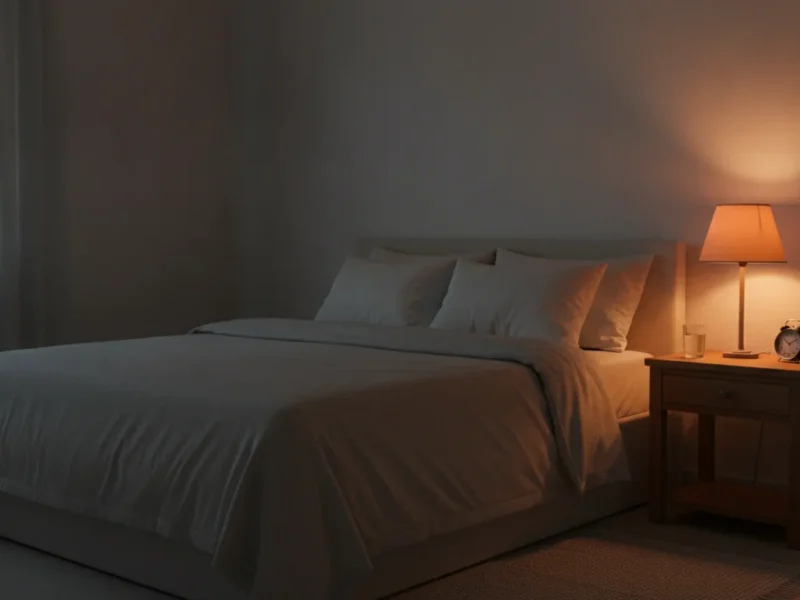 Ruhiges, abgedunkeltes Schlafzimmer am Abend mit Bett und Nachttisch