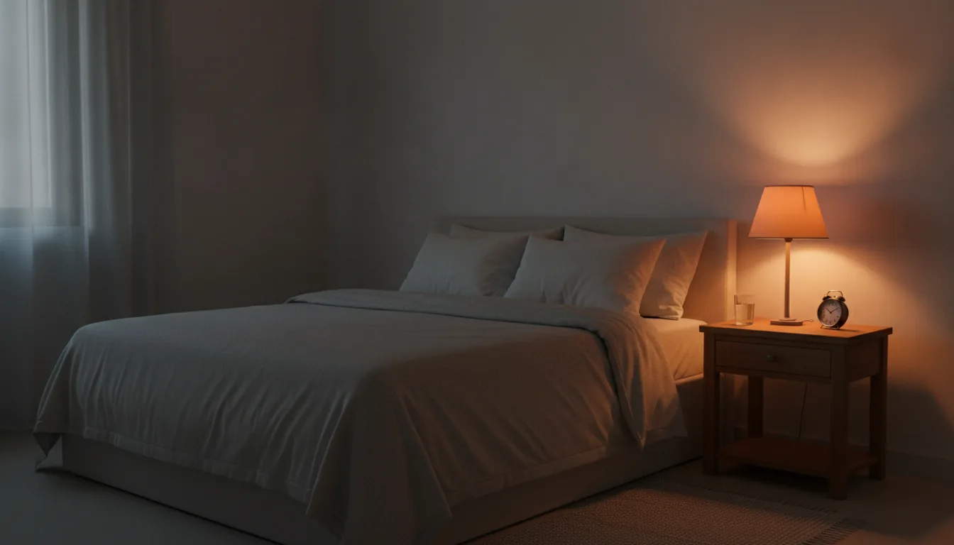 Ruhiges, abgedunkeltes Schlafzimmer am Abend mit Bett und Nachttisch