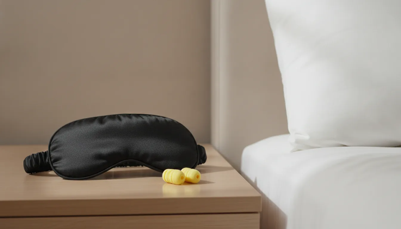 Schlafmaske und Ohrstöpsel liegen auf einem Nachttisch neben dem Bett
