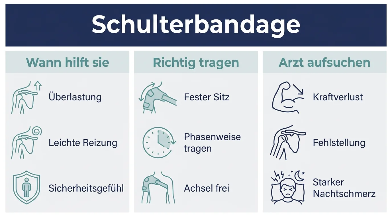 Infografik zur Schulterbandage mit Einsatzgebieten und Warnzeichen